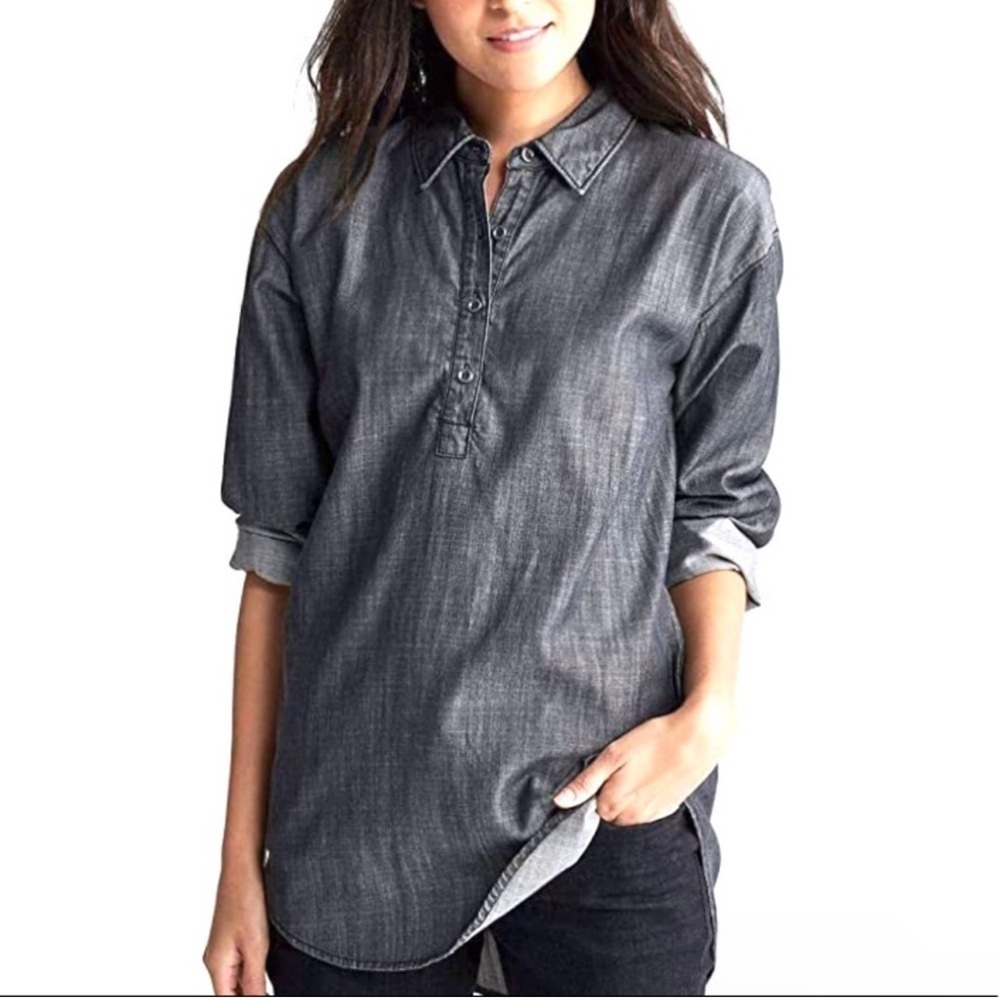 Eileen Fisher Women’s Grey Cotton Tencel Denim Popover Tunic Top Blouse Oversize